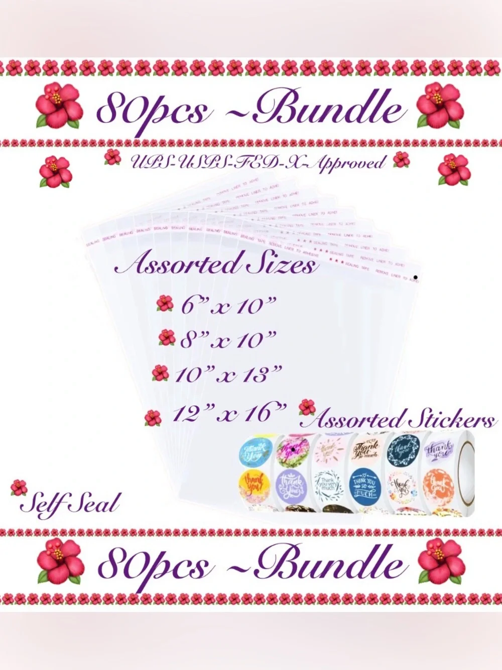 80pcs~Bundle-Clear Bags 6x9”, 8x10”, 10x13” & 12x16” w/40 Thank You Stickers🌺🆕🌺